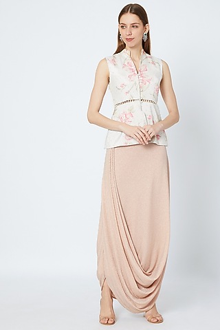 Light Blue Printed & Embroidered Peplum Top With Cowl Skirt by Rozina