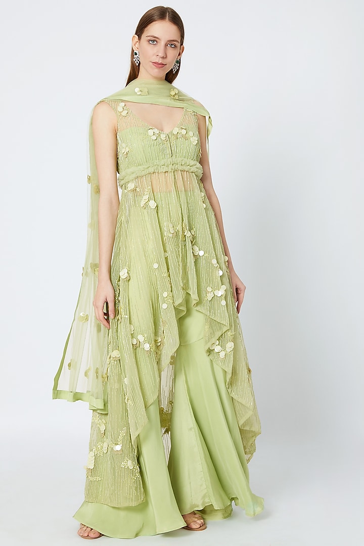 Lime Green Embroidered High-Low Kurta Set by Rozina
