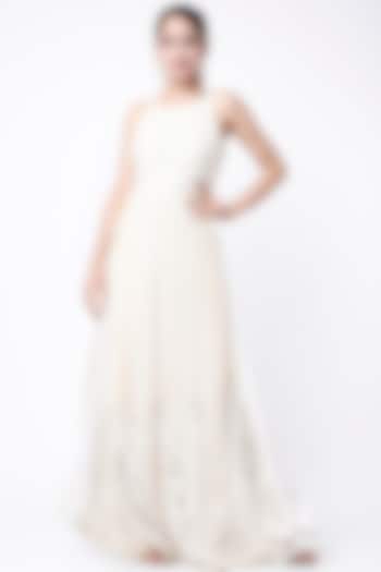 Off White Embroidered Layered Gown by Rozina