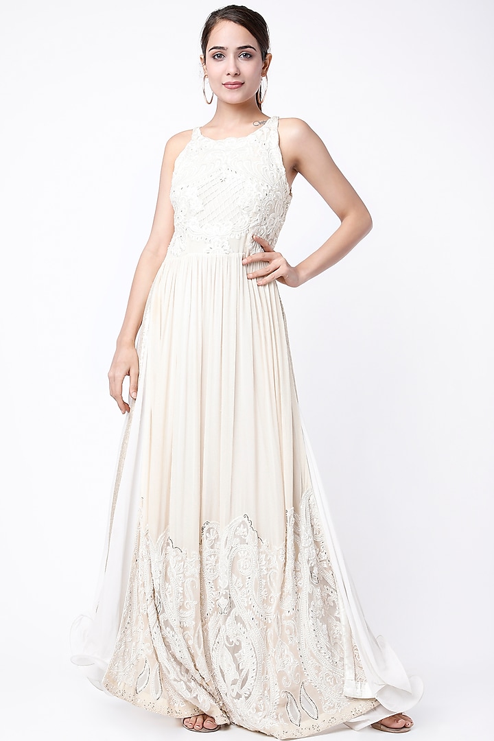 Off White Embroidered Layered Gown by Rozina