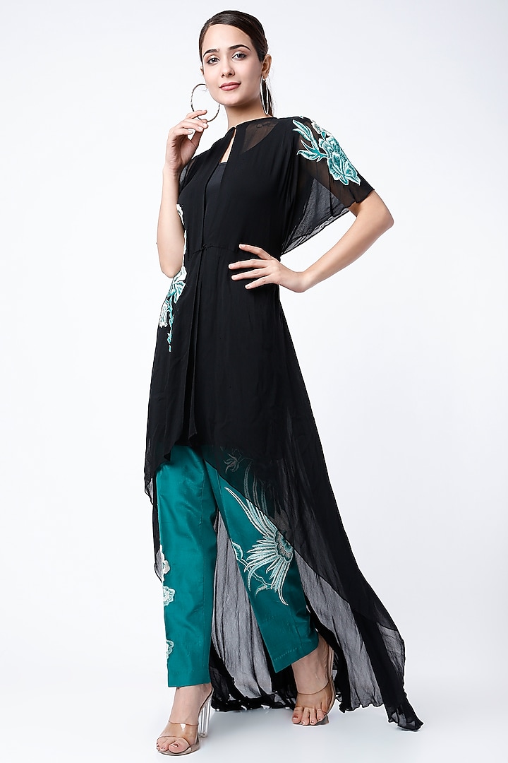 Black & Blue Embroidered High-Low Kurta Set by Rozina at Pernia's Pop Up Shop