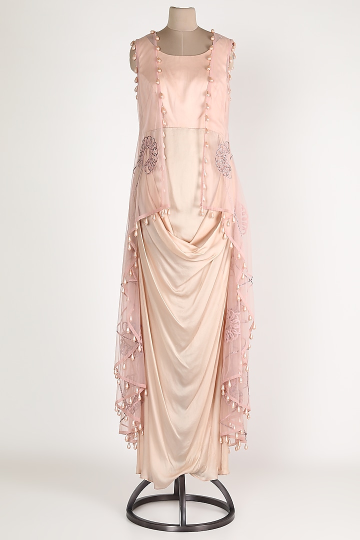 Rose Pink Embroidered Cowl Gown With Jacket by Rozina
