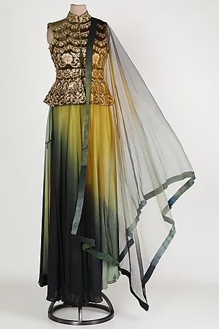 Olive Green & Mustard Embroidered Gown With Peplum Top & Dupatta by Rozina