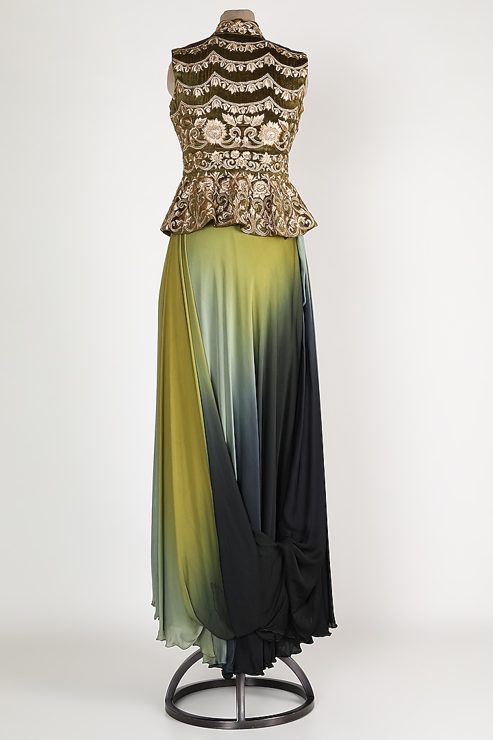 Olive Green & Mustard Embroidered Party Wear Gown With Peplum Top & Dupatta by Rozina at Pernia's Pop Up Shop