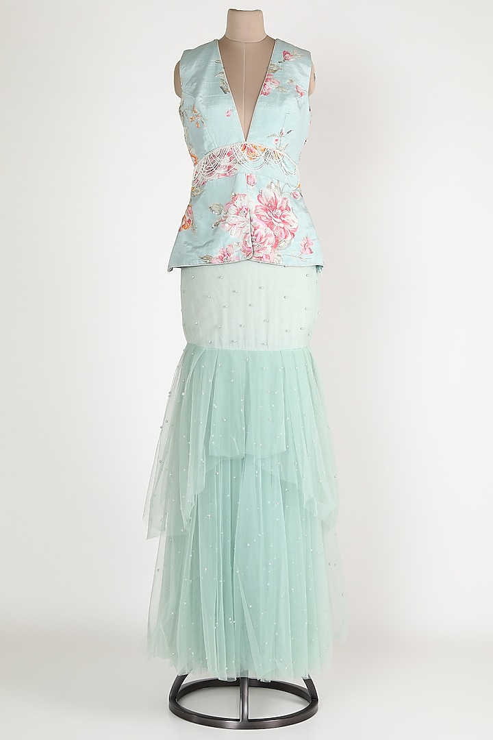 Mint Embroidered Skirt Set by Rozina