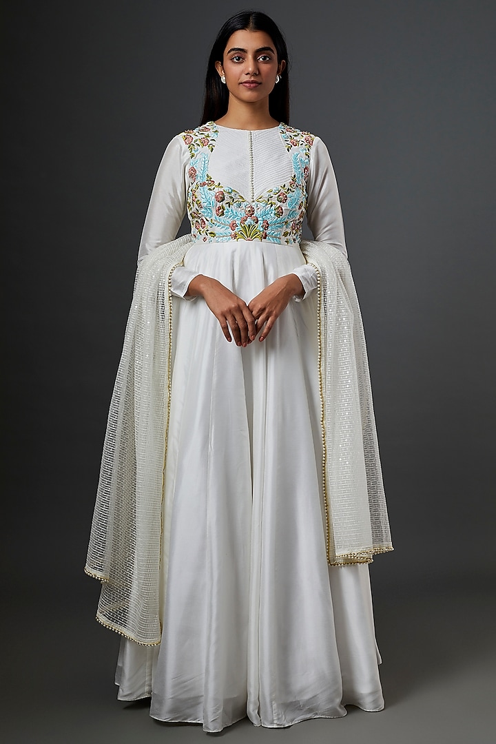 Off-White Embroidered Anarkali Set by Rozina