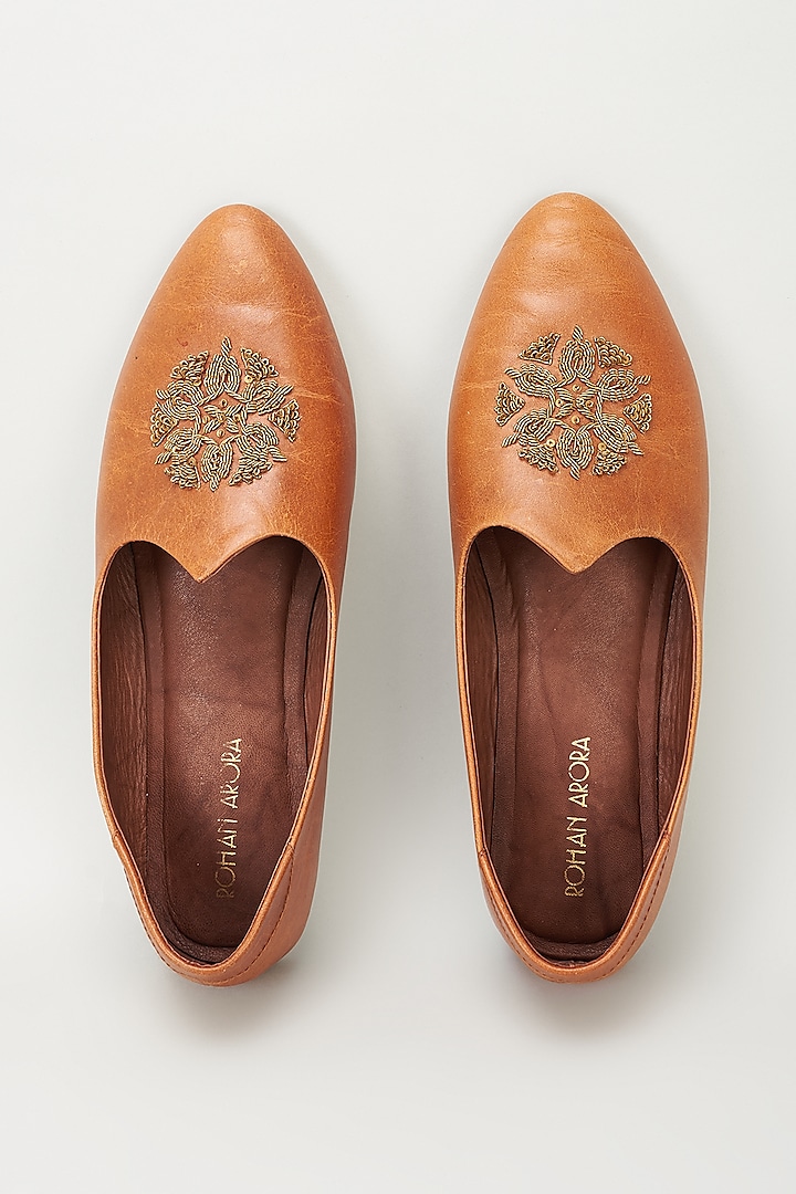 Bombay Brown Leather Embellished Mojaris by ROHAN ARORA