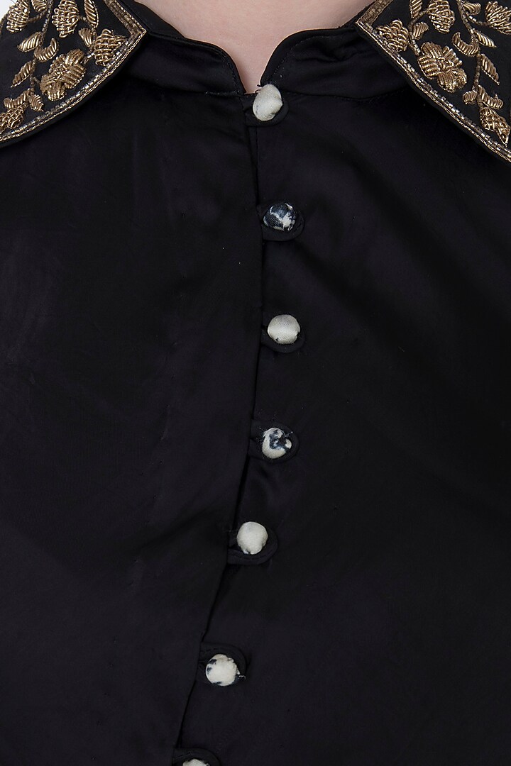 Black Drape Top With Printed Pants by Roshni Chopra at Pernia's Pop Up Shop