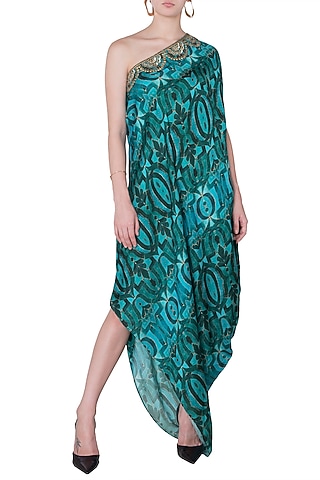 Green Embroidered Printed Drape Dress by Roshni Chopra