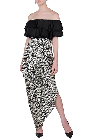 Black Off Shoulder Top With Skirt by Roshni Chopra
