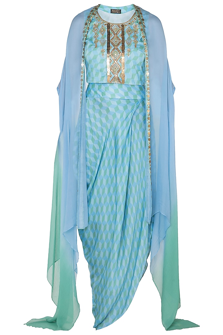 Light Blue & Green Printed Top With Skirt & Cape Jacket by Roshni Chopra