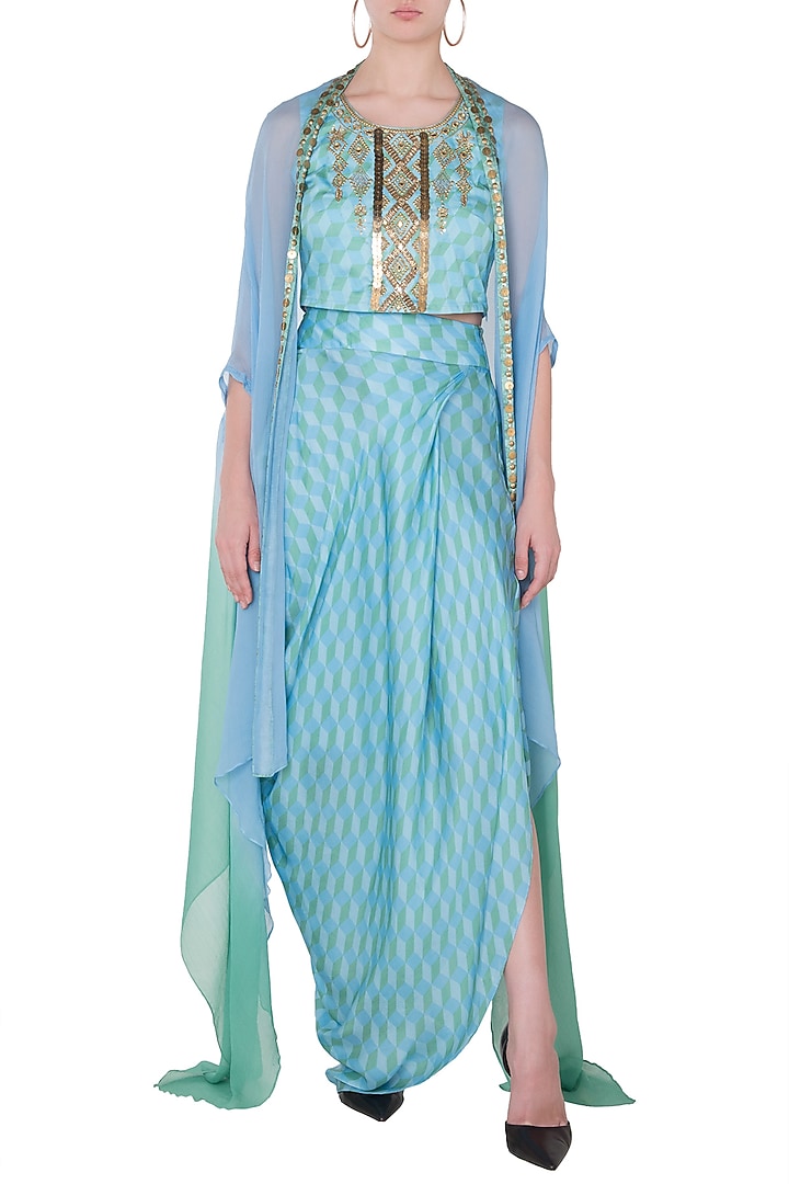 Light Blue & Green Printed Top With Skirt & Cape Jacket by Roshni Chopra at Pernia's Pop Up Shop