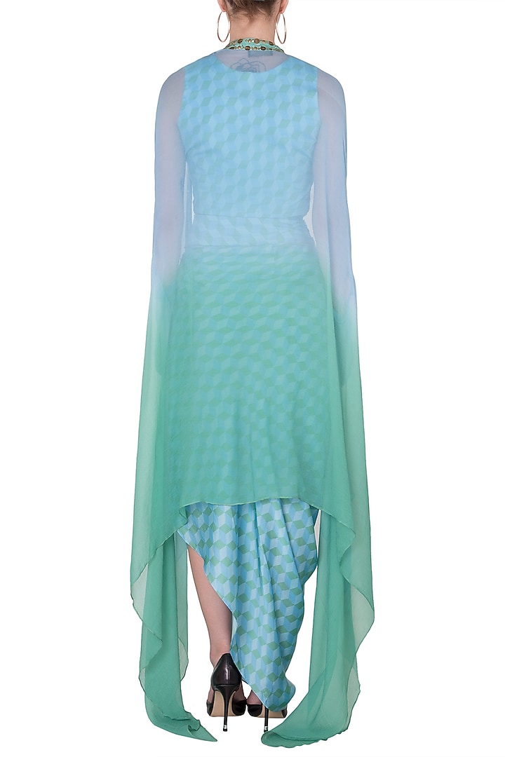 Light Blue & Green Printed Top With Skirt & Cape Jacket by Roshni Chopra at Pernia's Pop Up Shop