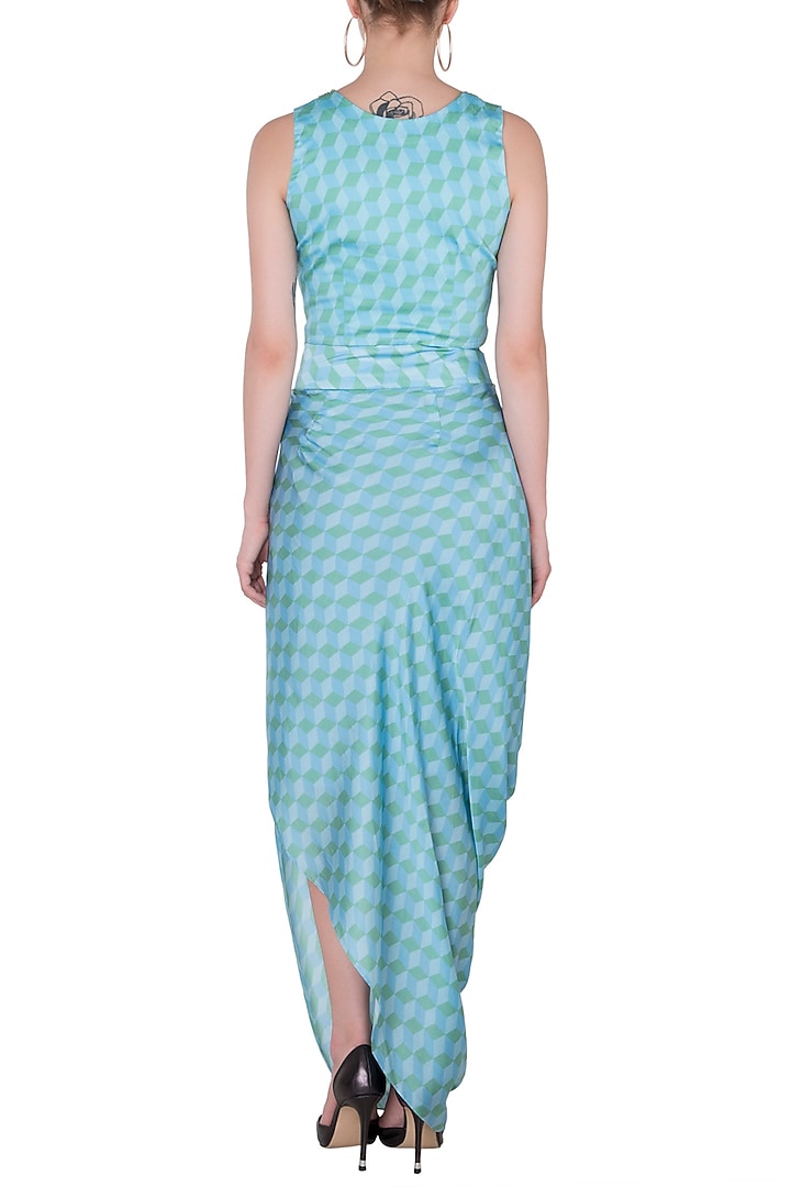 Light Blue & Green Printed Top With Skirt & Cape Jacket by Roshni Chopra at Pernia's Pop Up Shop