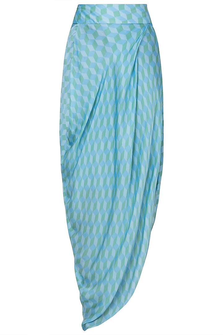 Light Blue & Green Printed Top With Skirt & Cape Jacket by Roshni Chopra at Pernia's Pop Up Shop