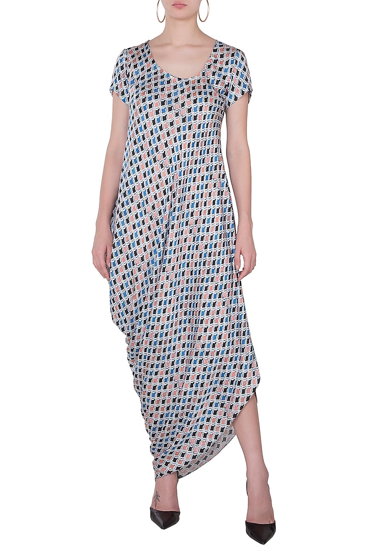 Blue Mughal Printed Drape Summer Dress by Roshni Chopra at Pernia's Pop Up Shop