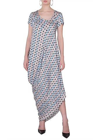 Blue Mughal Printed Drape Dress by Roshni Chopra