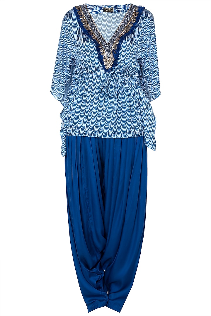 Blue Embroidered Kaftan Top With Patiala Pants by Roshni Chopra