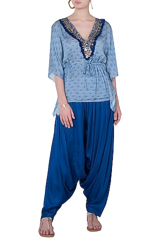 Blue Embroidered Kaftan Top With Patiala Pants by Roshni Chopra