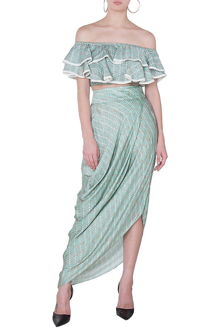 Ice Blue Off Shoulder Crop Top & Skirt by Roshni Chopra at Pernia's Pop Up Shop