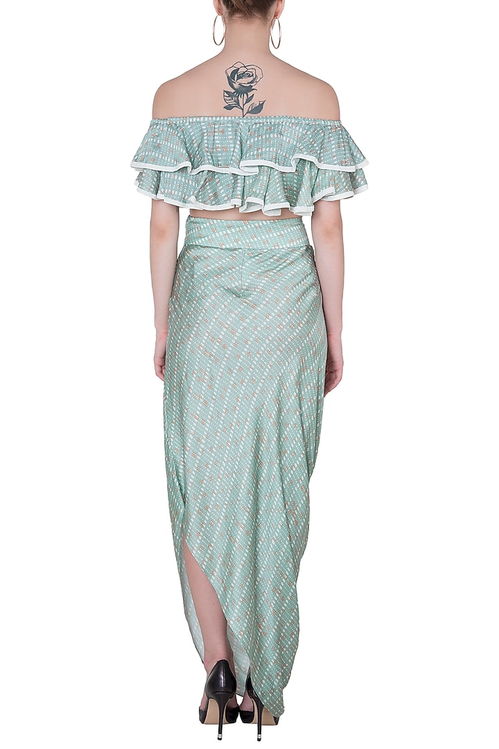 Ice Blue Off Shoulder Crop Top & Skirt by Roshni Chopra at Pernia's Pop Up Shop