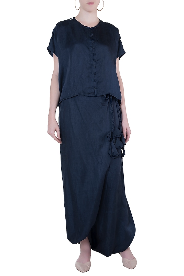 Blue embroidered boxy top with drape pants by Roshni Chopra at Pernia's Pop Up Shop