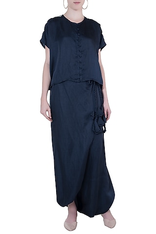 Blue embroidered boxy top with drape pants by Roshni Chopra