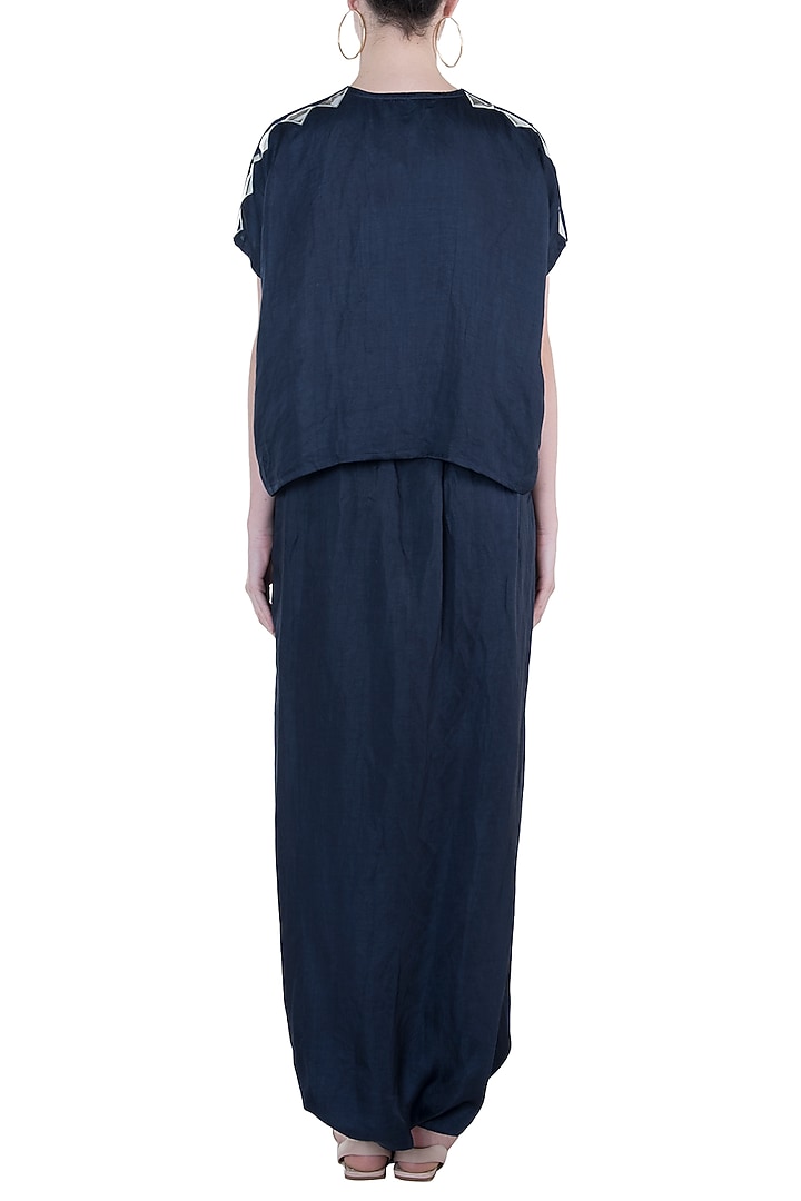Blue embroidered boxy top with drape pants by Roshni Chopra at Pernia's Pop Up Shop