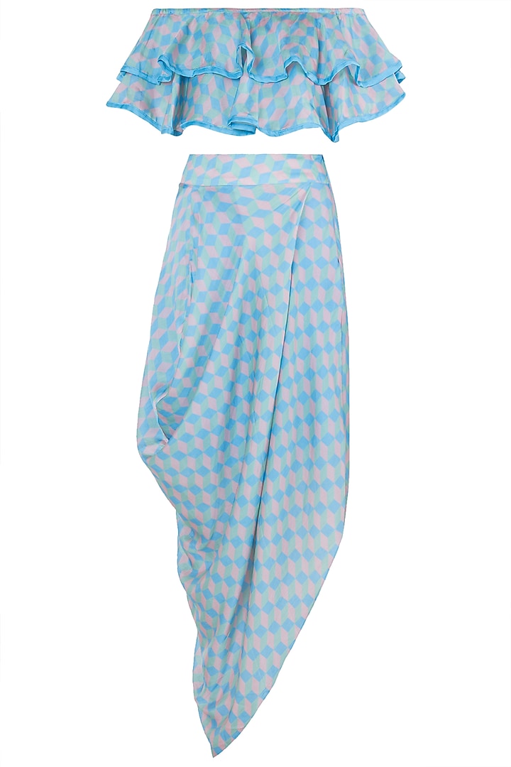 Blue Printed Draped Skirt Set by Roshni Chopra
