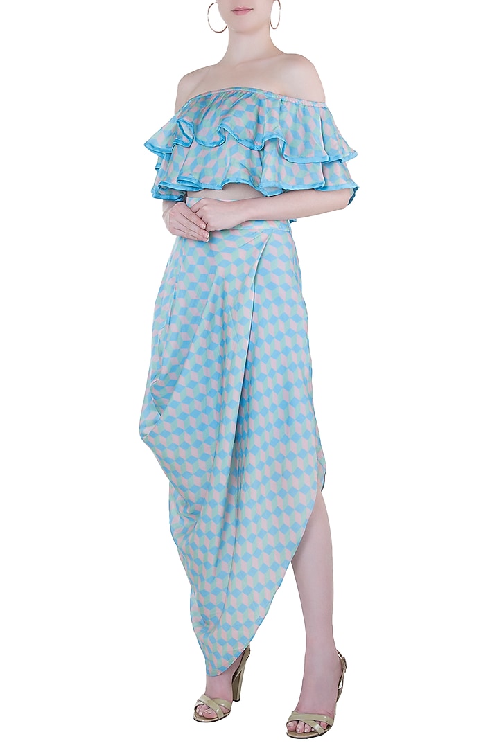 Blue Printed Draped Skirt Set by Roshni Chopra at Pernia's Pop Up Shop