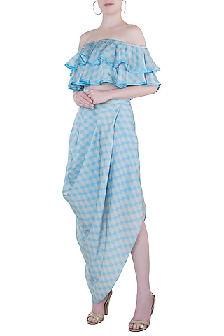 Blue Printed Draped Skirt Set by Roshni Chopra