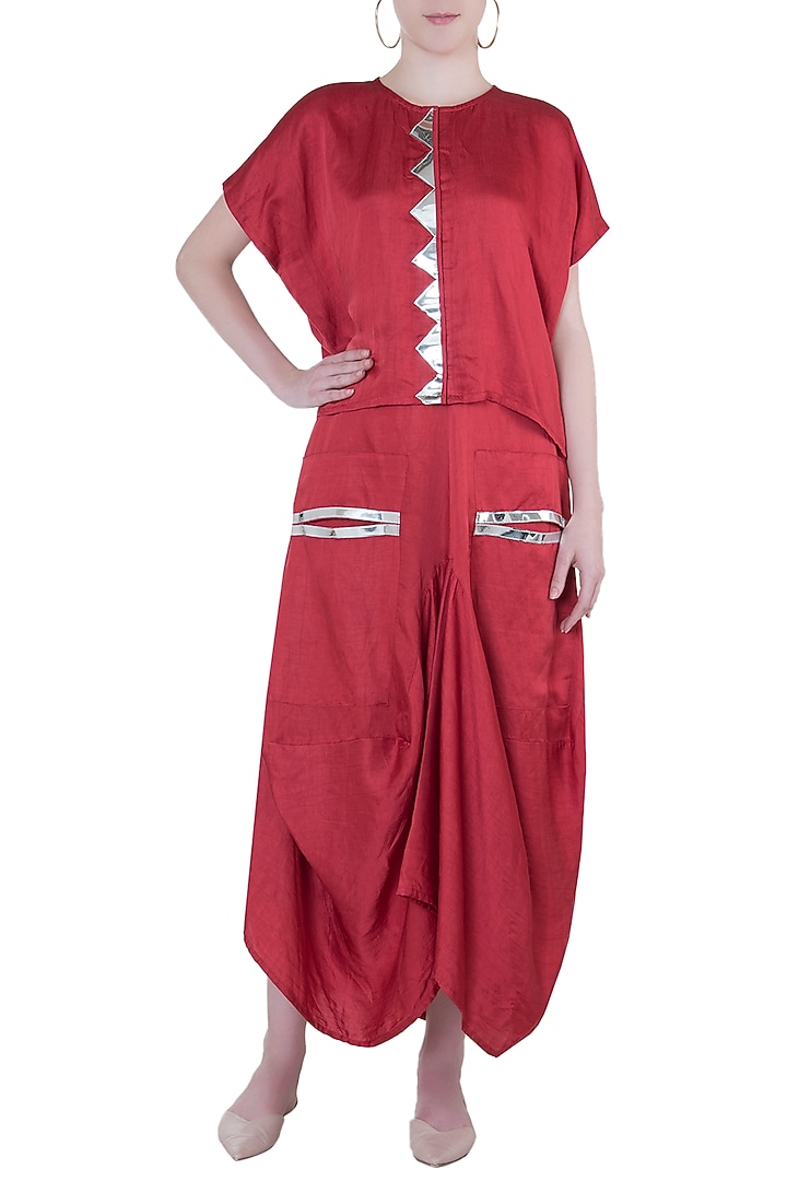 Red boxy top with dhoti skirt by Roshni Chopra at Pernia's Pop Up Shop