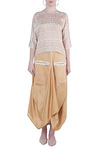 Beige printed top with dhoti skirt by Roshni Chopra