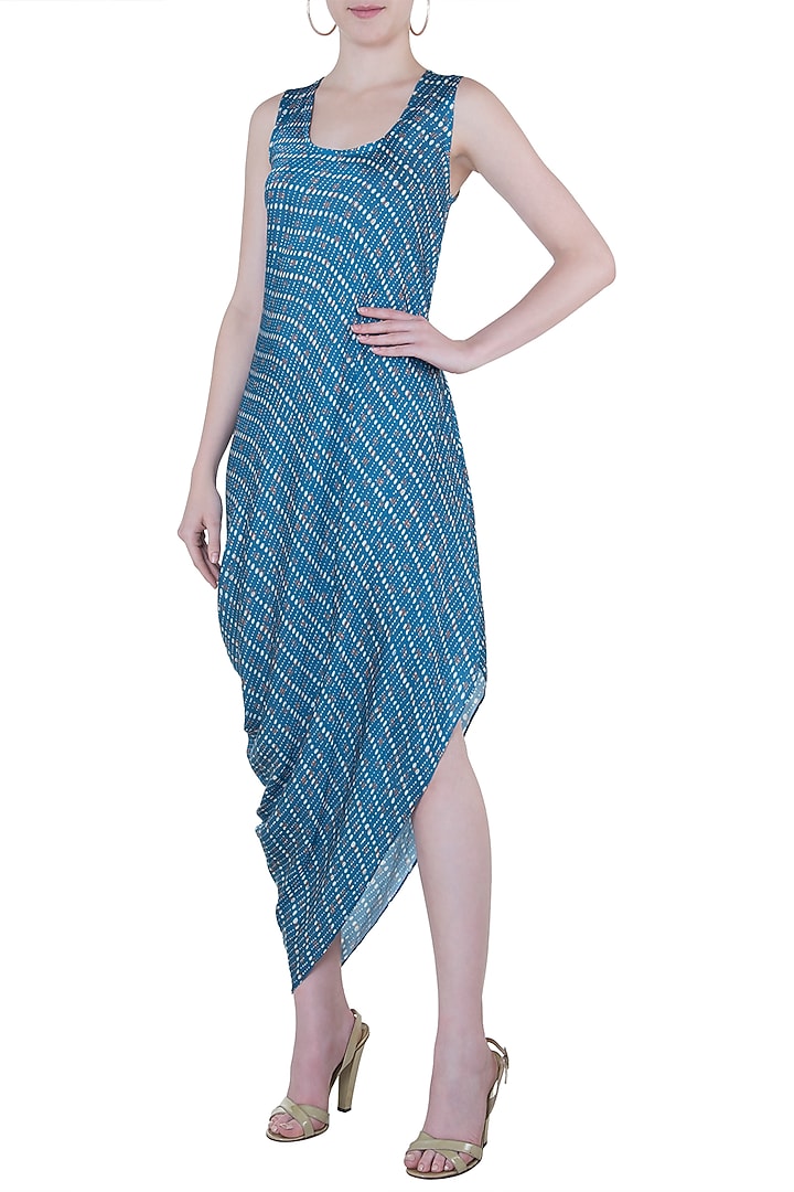 Blue printed drape cowl Summer Dress by Roshni Chopra at Pernia's Pop Up Shop