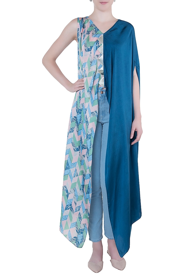 Dark blue printed kaftan top by Roshni Chopra at Pernia's Pop Up Shop
