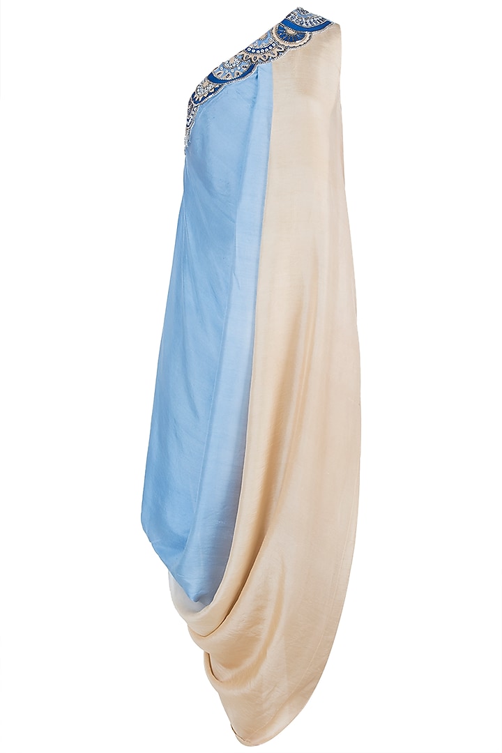 Beige and blue embroidered cowl dress by Roshni Chopra
