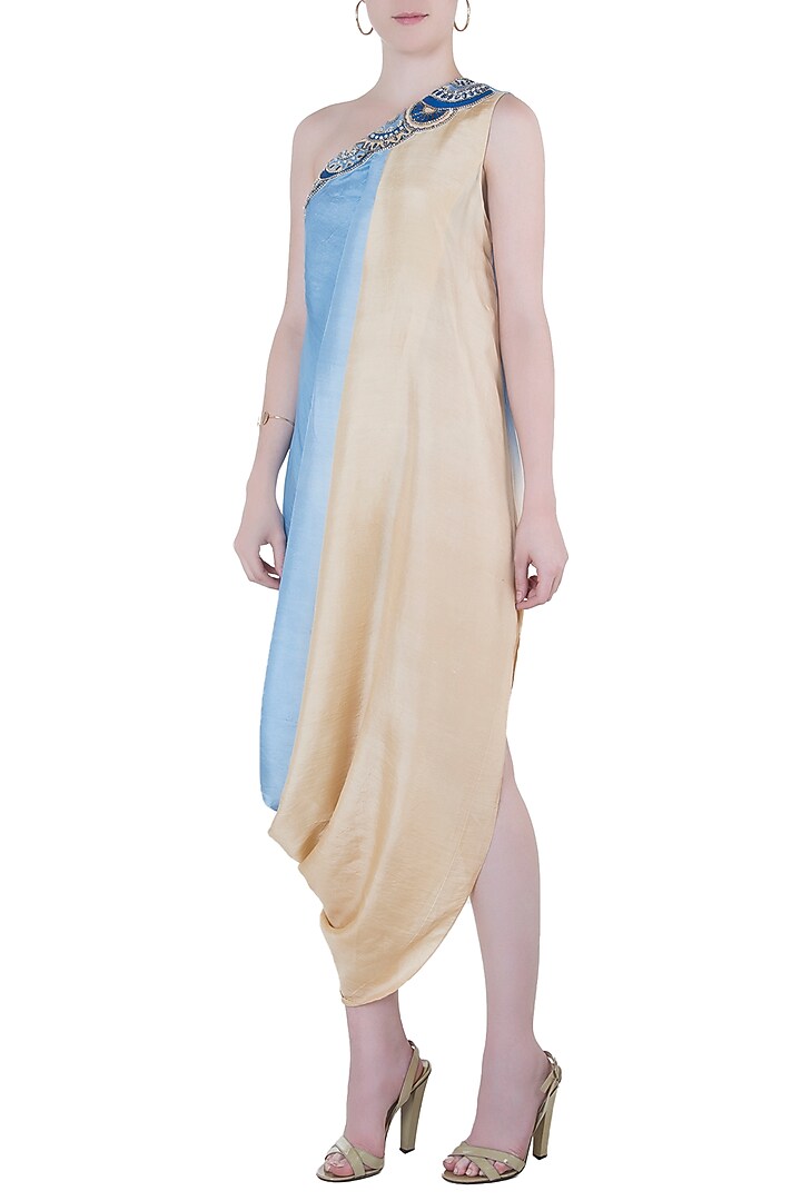 Beige and blue embroidered cowl Summer Dress by Roshni Chopra at Pernia's Pop Up Shop