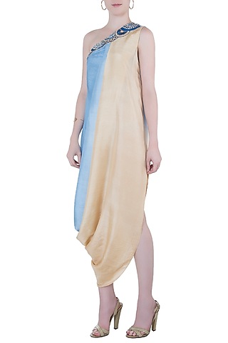 Beige and blue embroidered cowl dress by Roshni Chopra