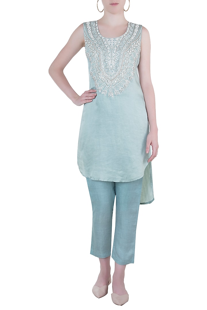 Ice blue embroidered tunic with pants by Roshni Chopra at Pernia's Pop Up Shop