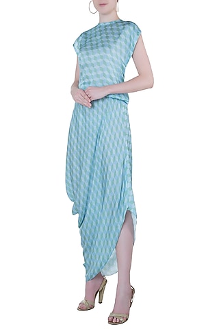 Blue printed cowl dress by Roshni Chopra