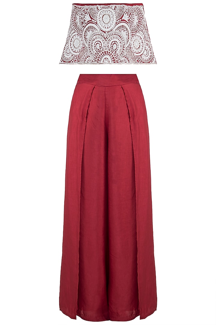 Red embroidered off shoulder top with pants by Roshni Chopra