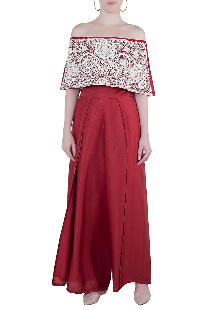 Red embroidered off shoulder top with pants by Roshni Chopra at Pernia's Pop Up Shop
