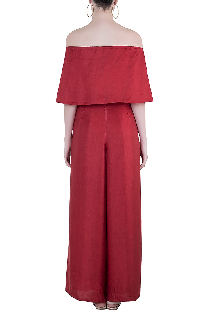 Red embroidered off shoulder top with pants by Roshni Chopra at Pernia's Pop Up Shop
