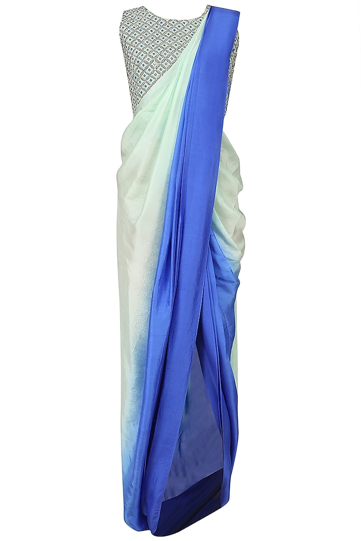 Blue Shaded Drape Saree and Embroidered Blouse Set by Roshni Chopra
