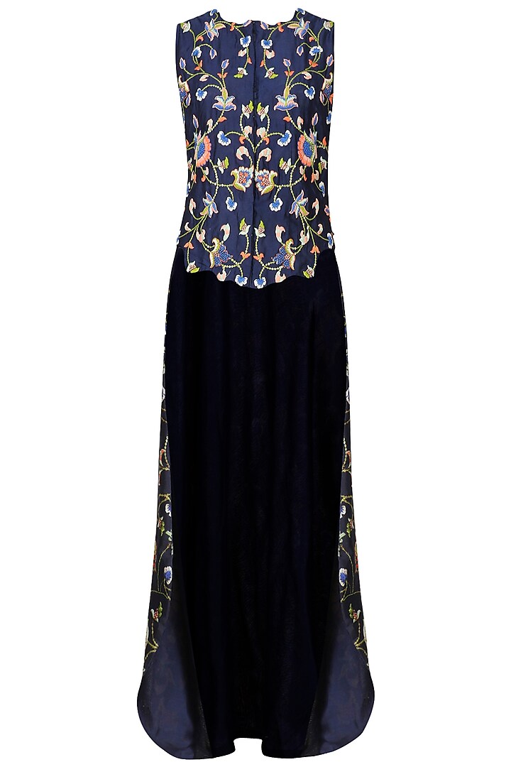Navy Blue Floral Embroidered High Low Cape Jacket by Roshni Chopra