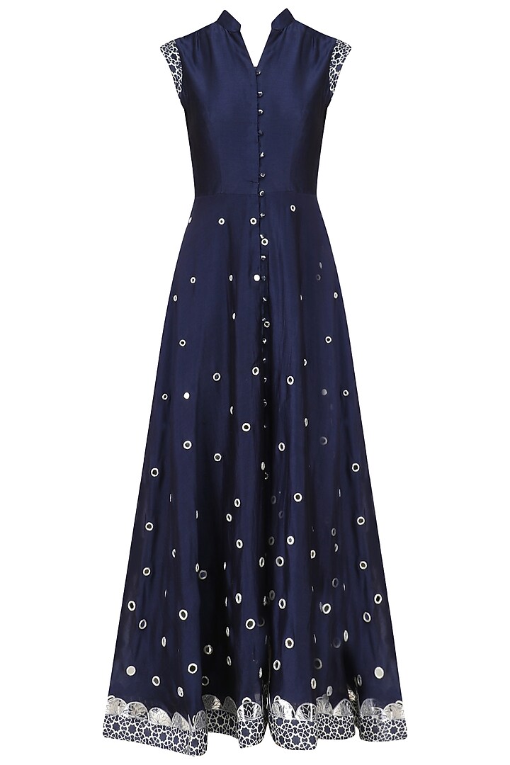 Navy blue mirror work anarkali kurta and cape set available only at Pernia's Pop Up Shop.