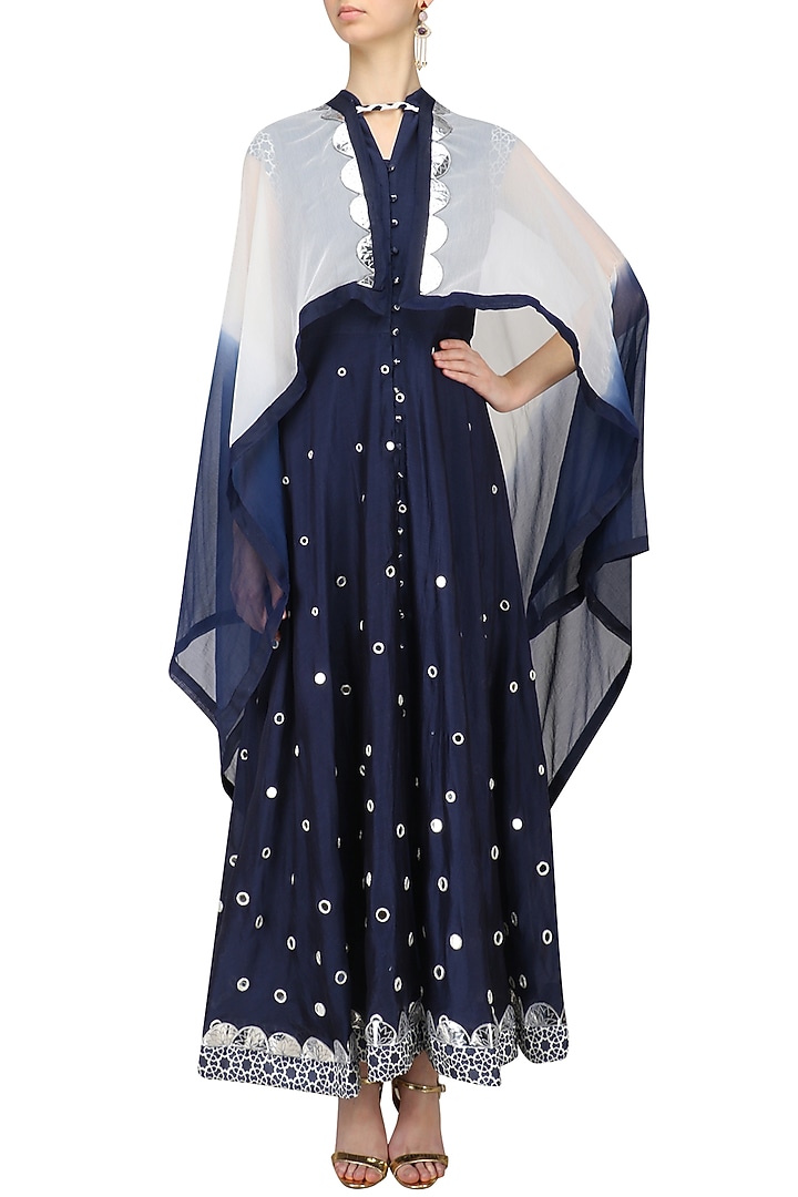 Navy blue mirror work anarkali kurta and cape set available only at Pernia's Pop Up Shop.
