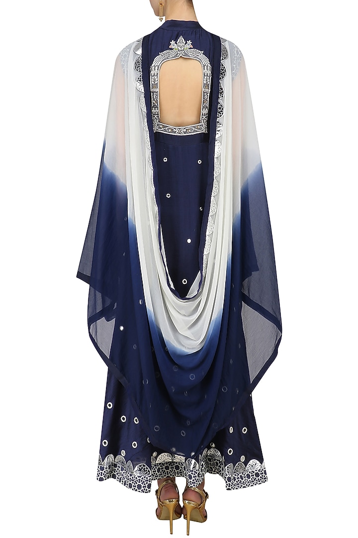 Navy blue mirror work anarkali kurta and cape set available only at Pernia's Pop Up Shop.