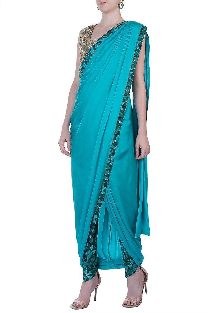 Green embroidered sareee with pants available only at Pernia's Pop Up Shop.