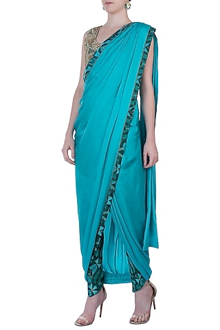 Green Embroidered Sareee with Pants by Roshni Chopra